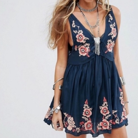Free People Dresses & Skirts - Free People Embroidered Aida Mini Slip Dress V Neck Sleeveless A Line S Navy NWT